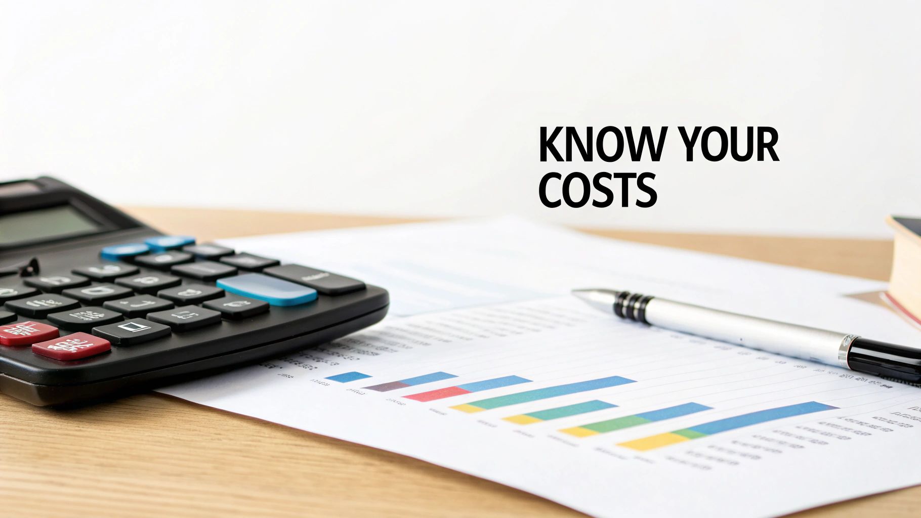A calculator, pen, and bar chart document on a desk with the text 'KNOW YOUR COSTS'.