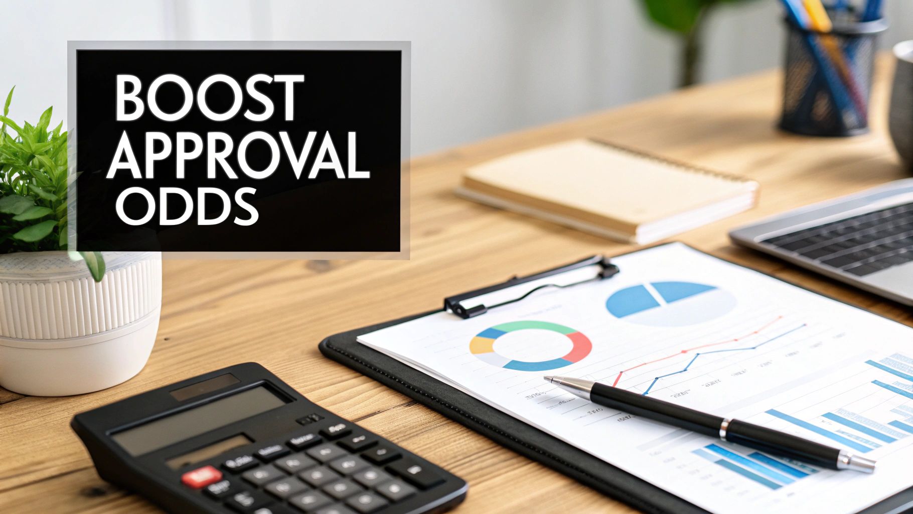 A desk setup with financial charts, calculator, and a sign displaying 'BOOST APPROVAL ODDS'.