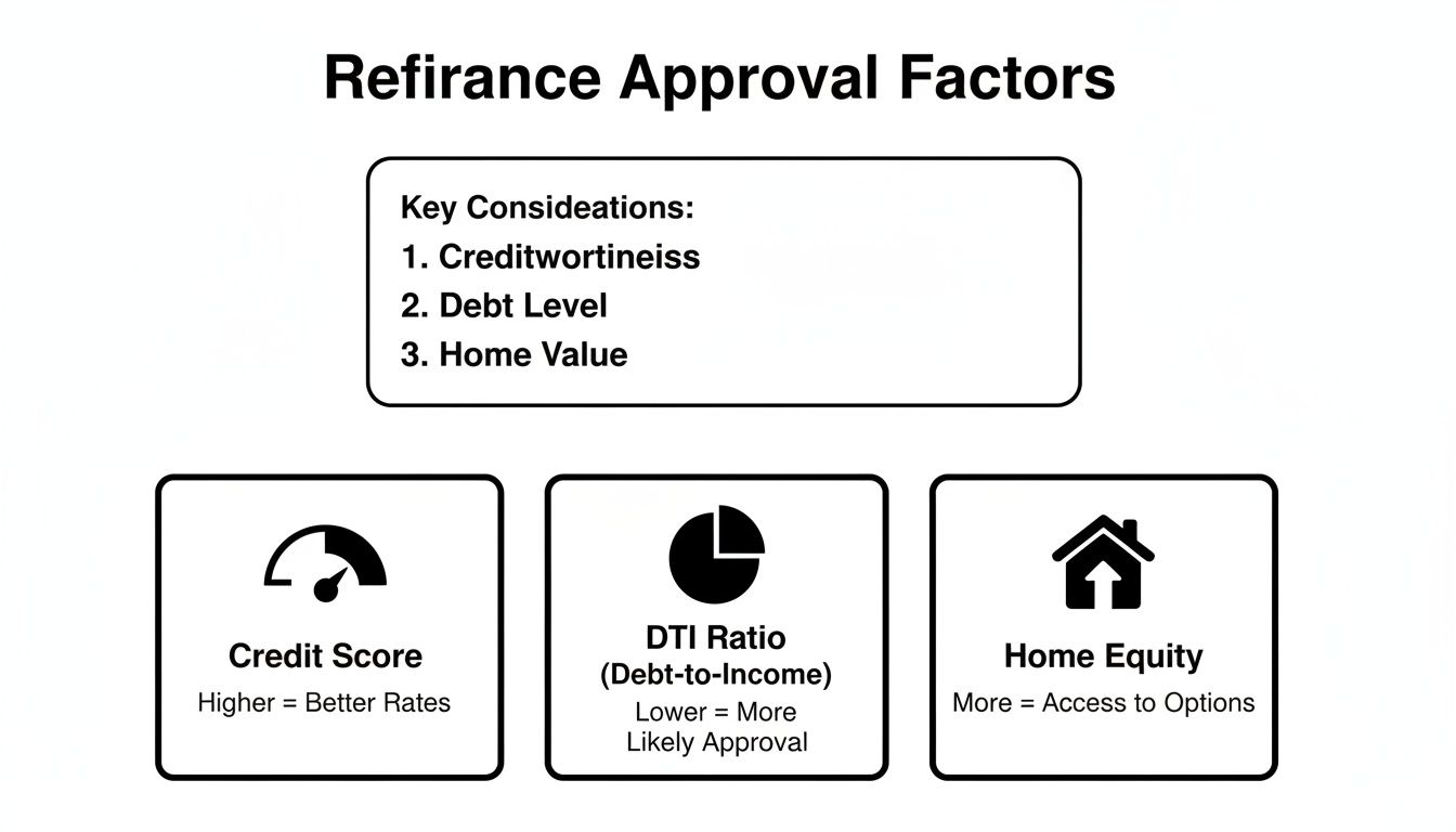 An infographic illustrating key refinance approval factors like credit score, debt-to-income ratio, and home equity.
