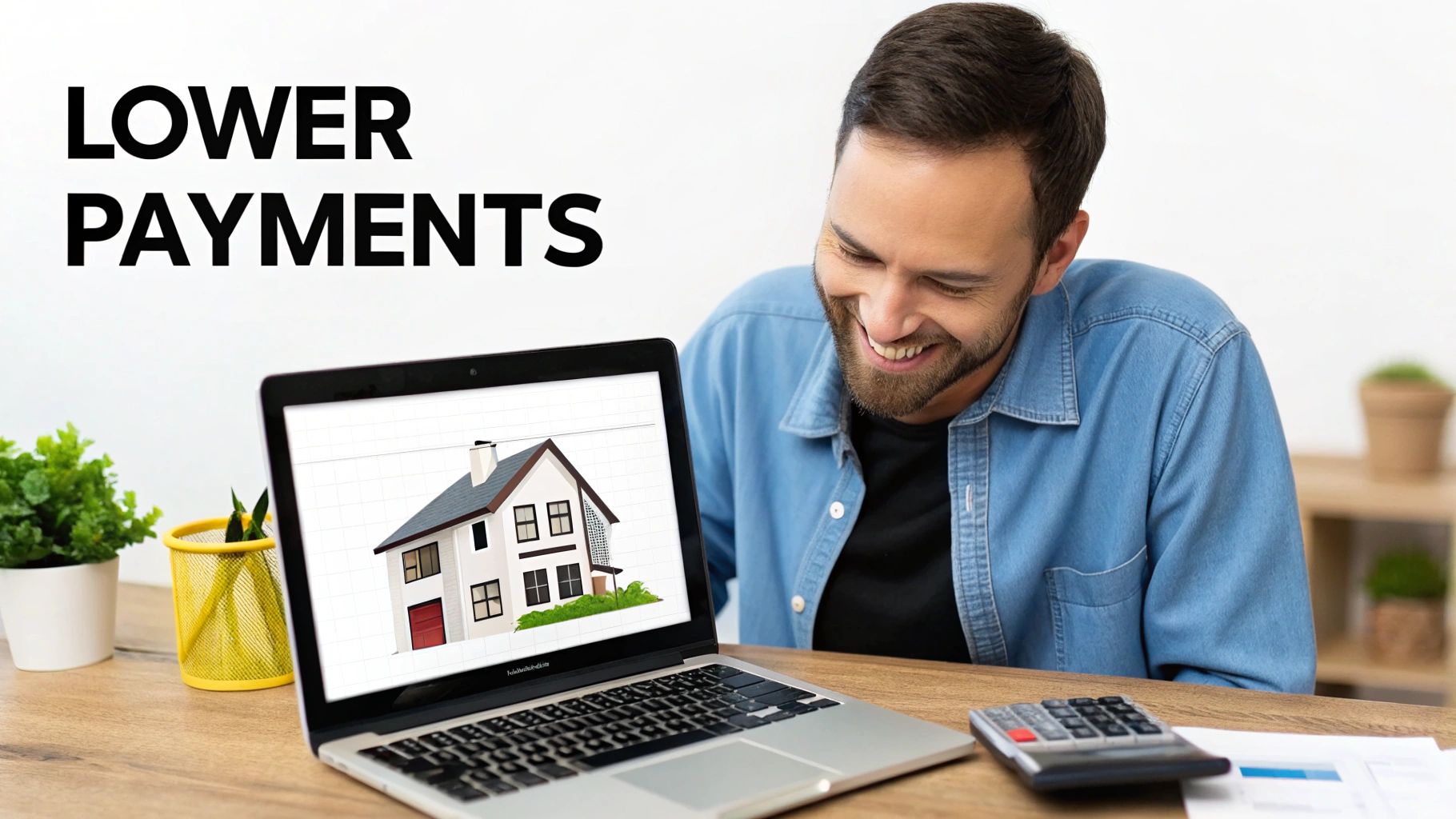 A happy man views a house design on a laptop, with 'LOWER PAYMENTS' text, suggesting home finance.