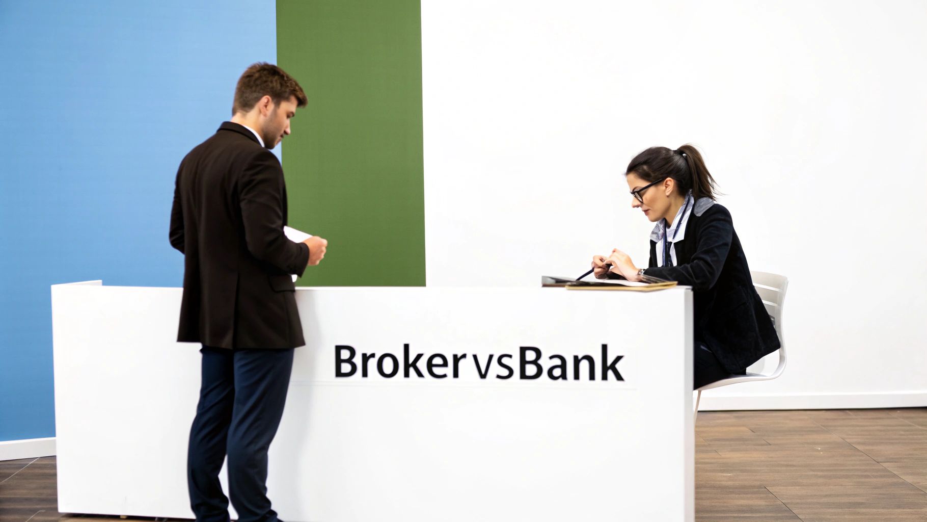 A man and a woman at a counter with 'Broker vs Bank' text, discussing financial options.