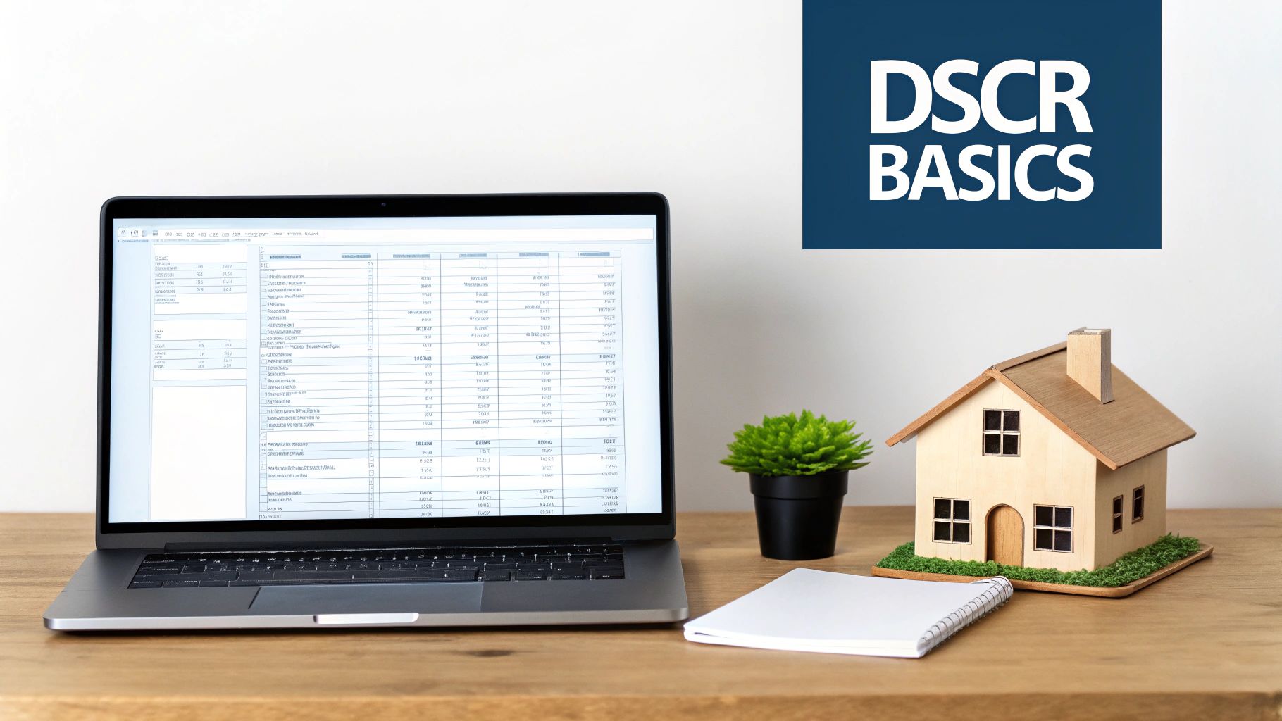 A laptop showing financial data, a miniature house, and a 'DSCR BASICS' sign on a wooden desk.