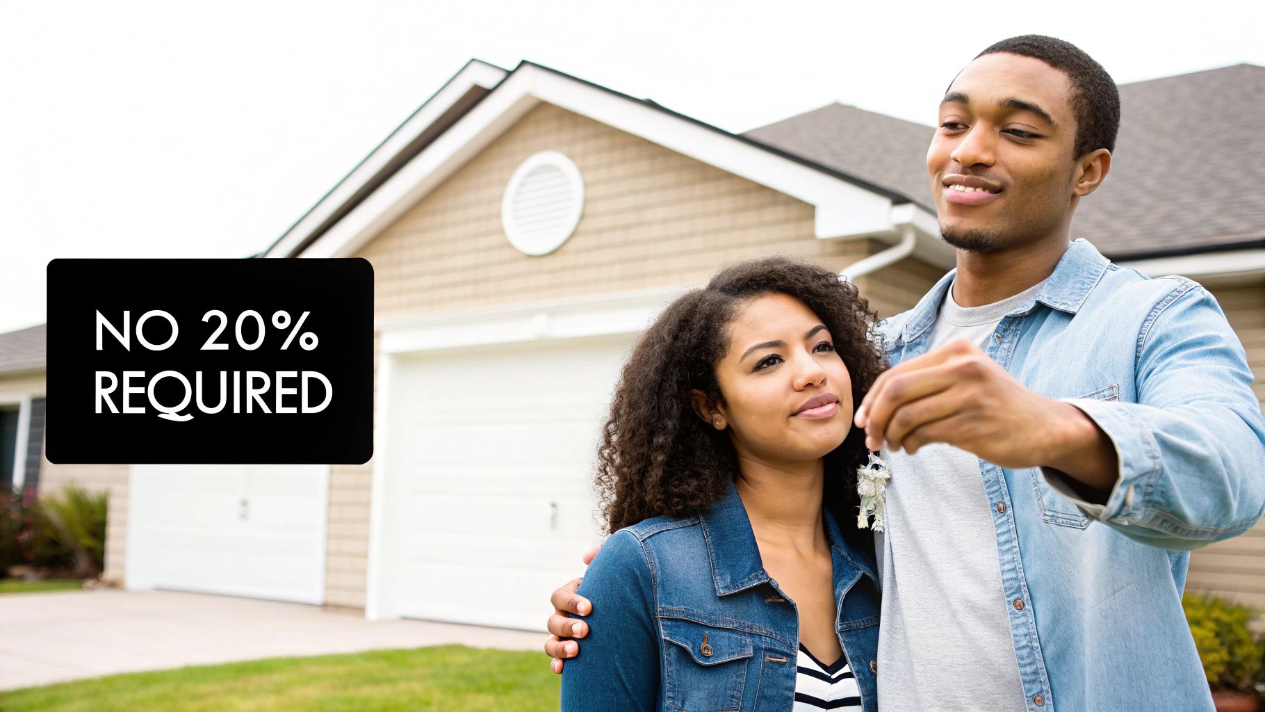A happy young Black couple holding new house keys in front of their modern home with a "No 20% Required" sign.