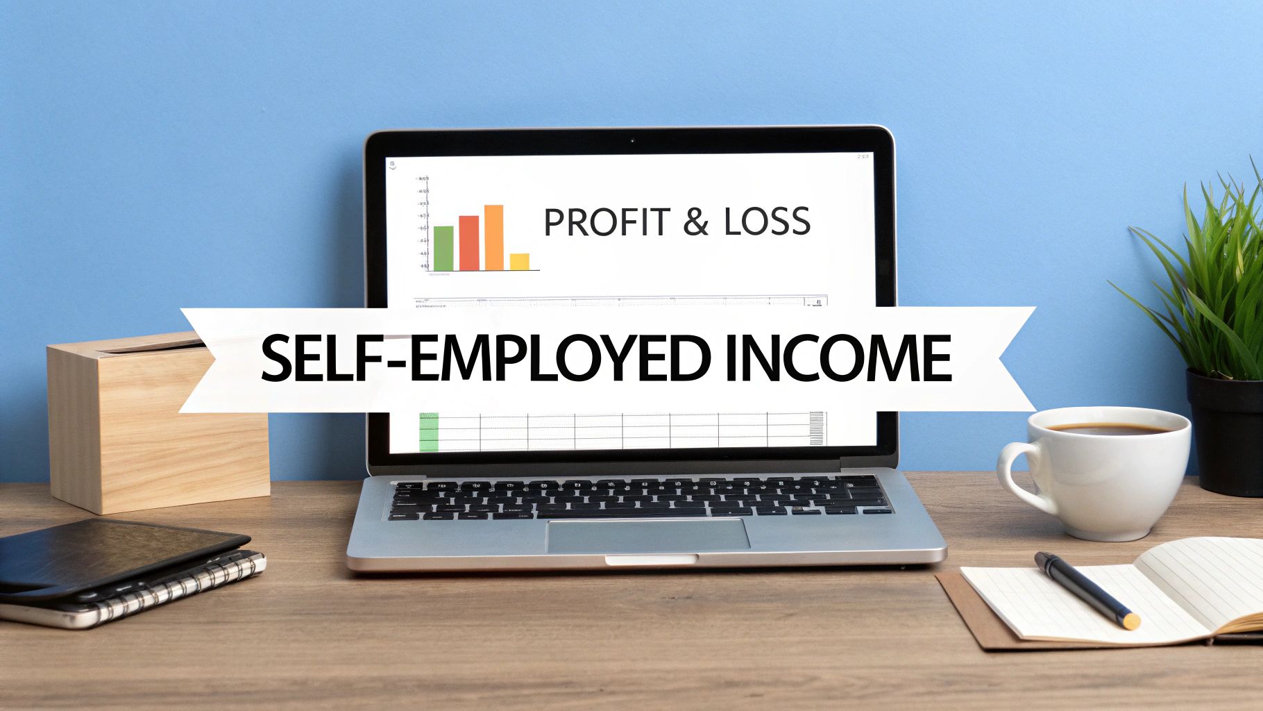 A desk with a laptop displaying 'Profit & Loss' and a banner reading 'Self-Employed Income'.