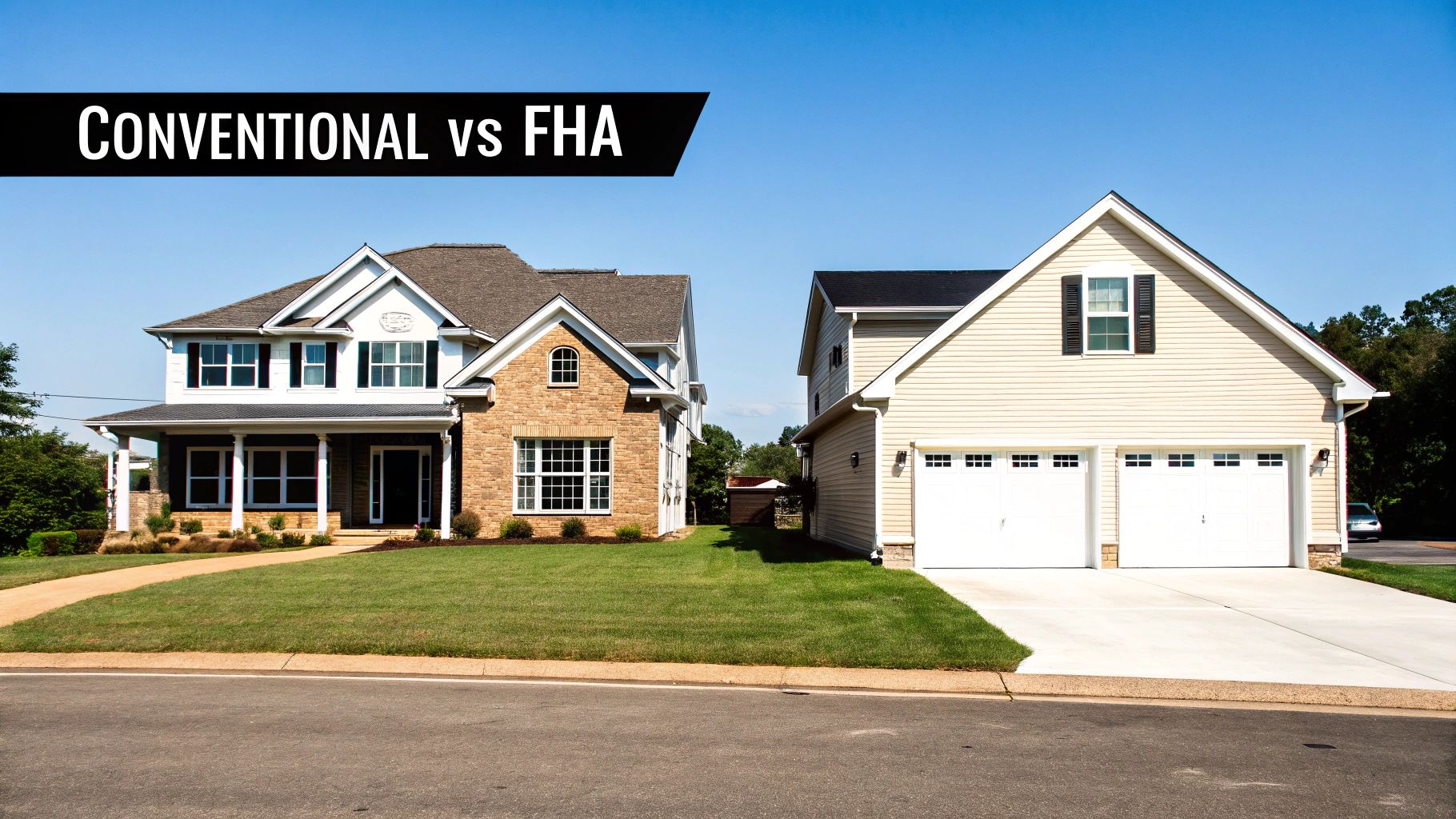 Two suburban houses side-by-side under a clear sky, illustrating conventional versus FHA loans.