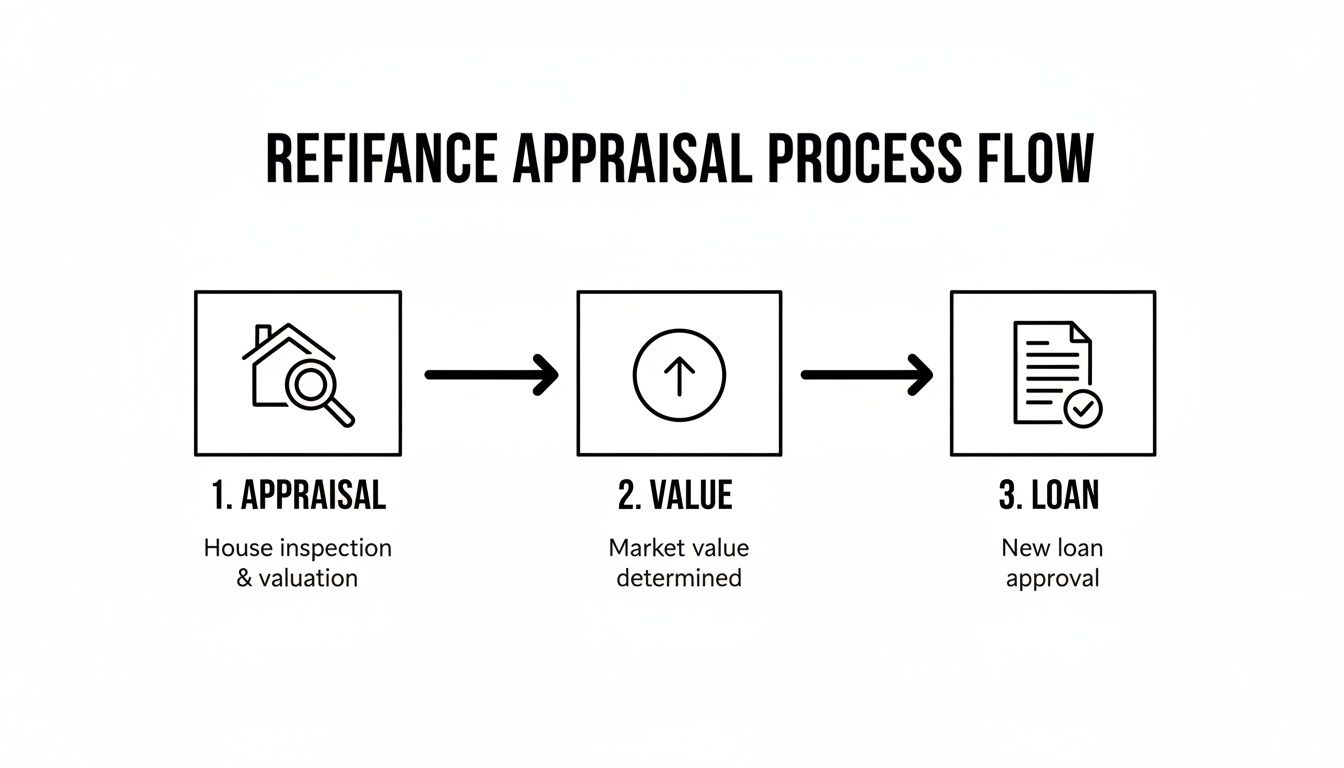 Flowchart illustrating the refinance appraisal process, detailing house inspection, market value determination, and new loan approval.