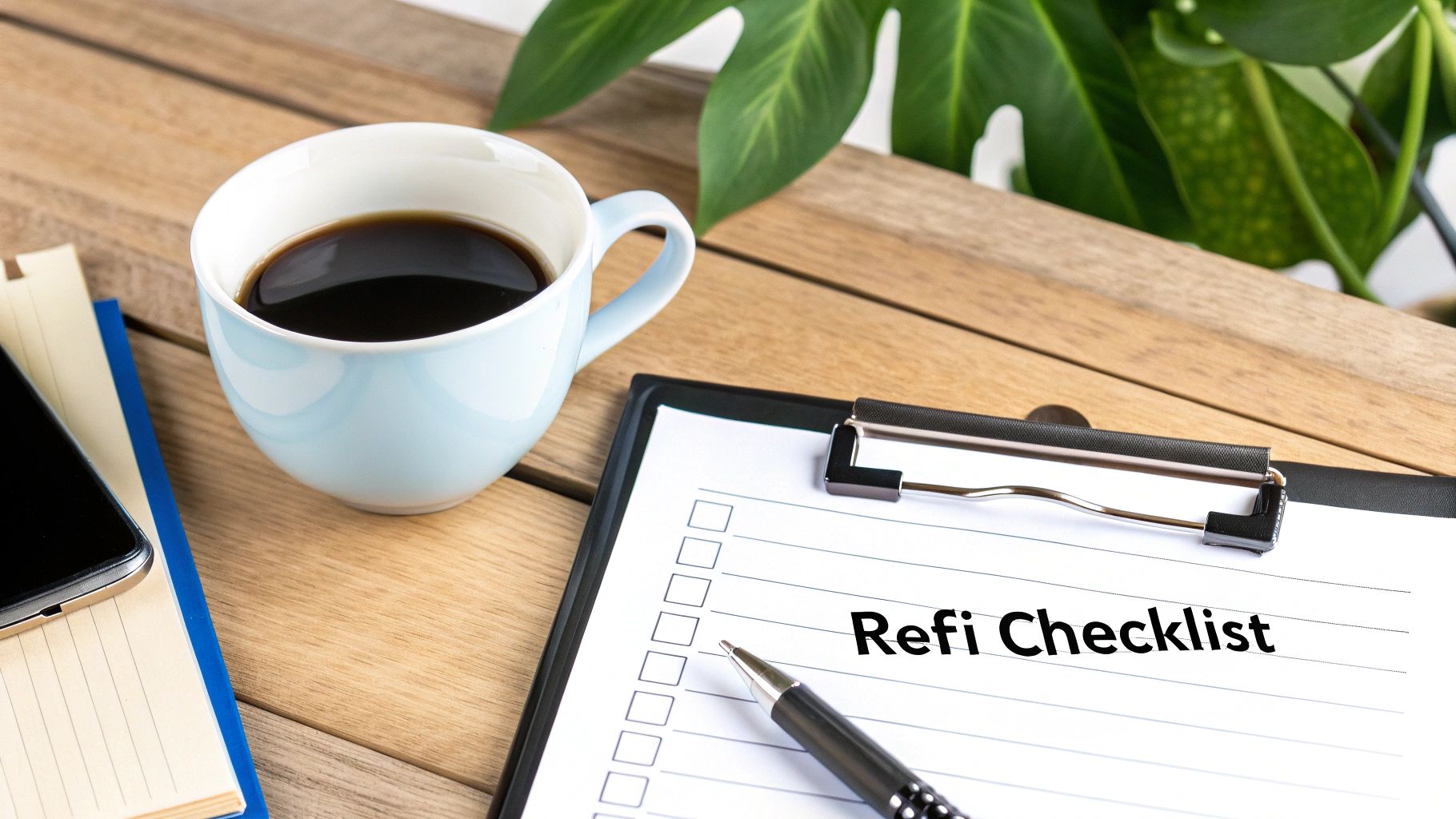 A 'Refi Checklist' on a clipboard with a pen, coffee cup, and phone on a wooden table.