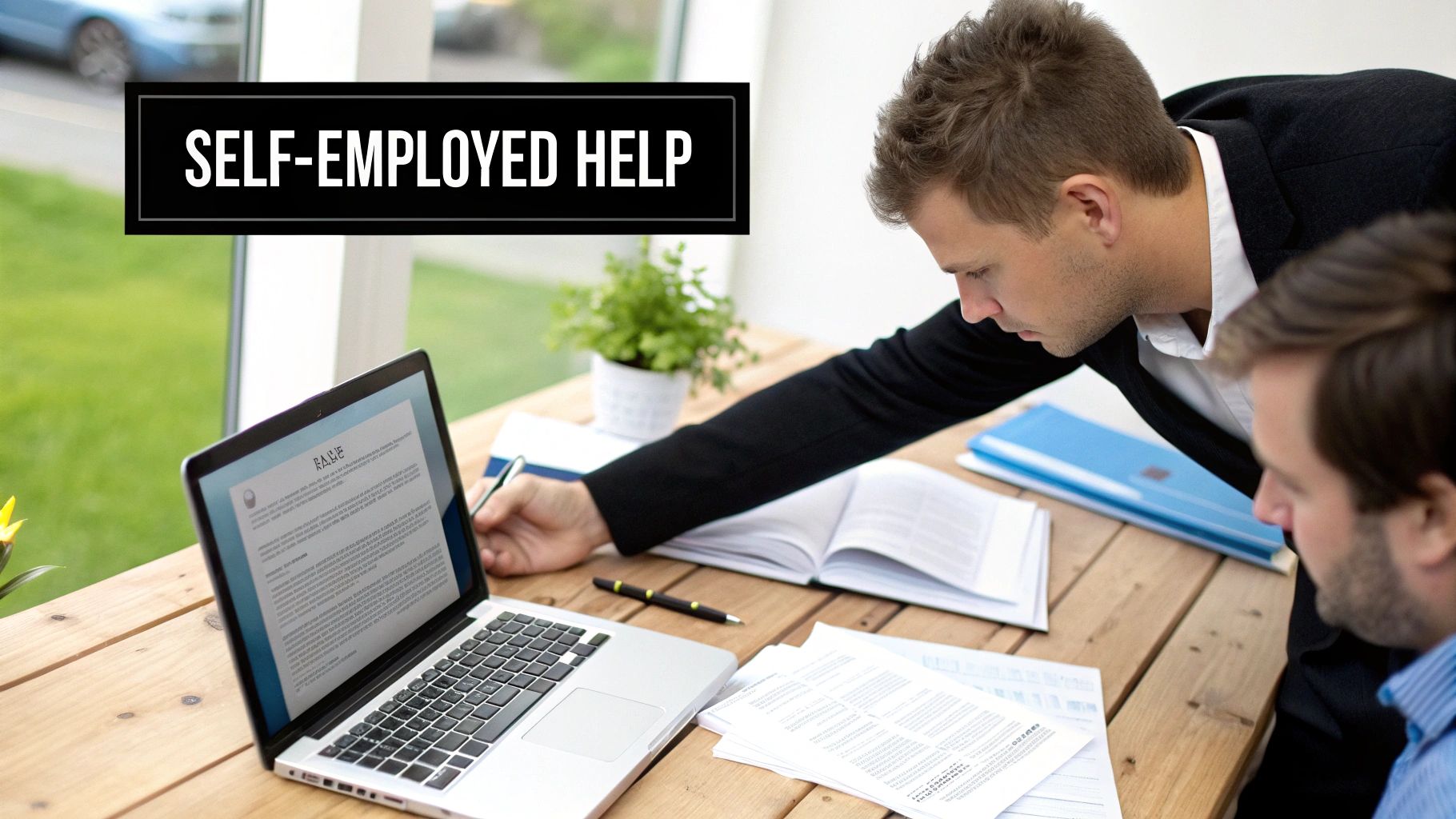 Two men review a laptop and documents on a wooden desk with a 'SELF-EMPLOYED HELP' banner.