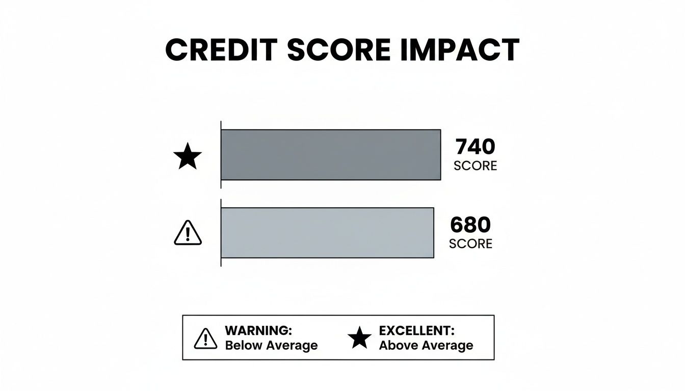 A chart illustrating credit score impact, showing 740 as excellent and 680 as a warning score.