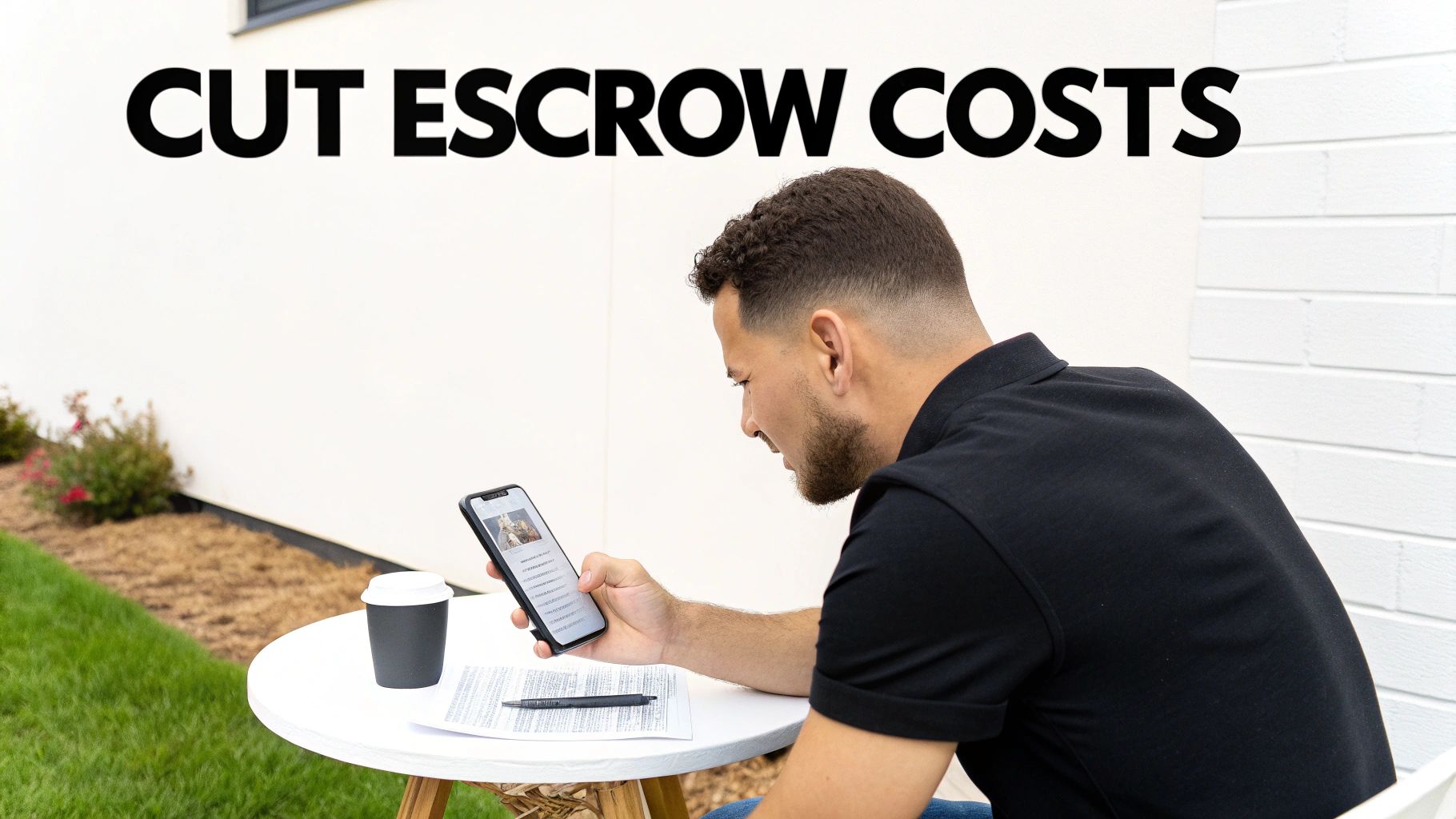 Man reviews mortgage documents on his phone at a table, with 'CUT ESCROW COSTS' text.