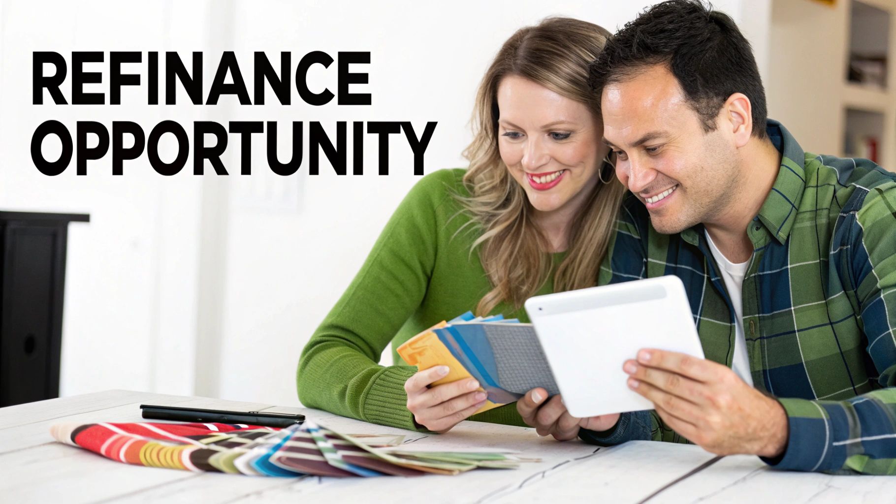 A smiling couple reviews color samples and a tablet, discussing a refinance or home improvement opportunity.