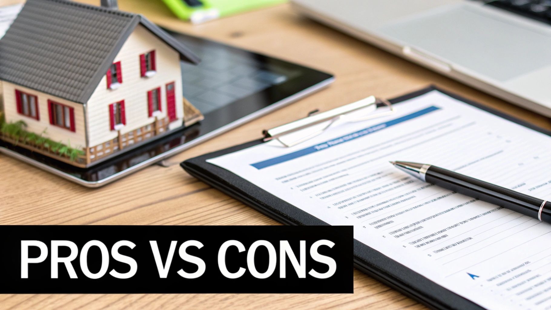Miniature house model, form, and pen on a table with "PROS VS CONS" text, suggesting property evaluation.