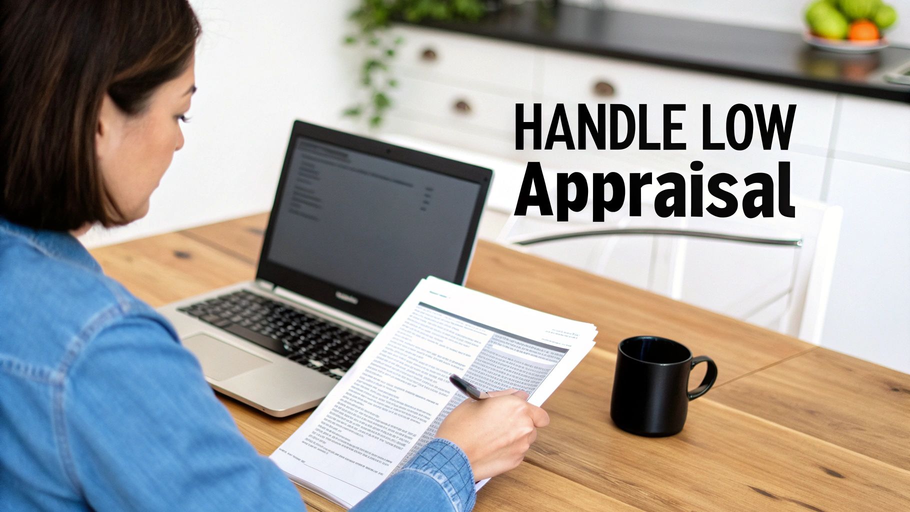 A person reviews documents at a wooden desk with a laptop and a black mug, with text 'HANDLE LOW Appraisal'.