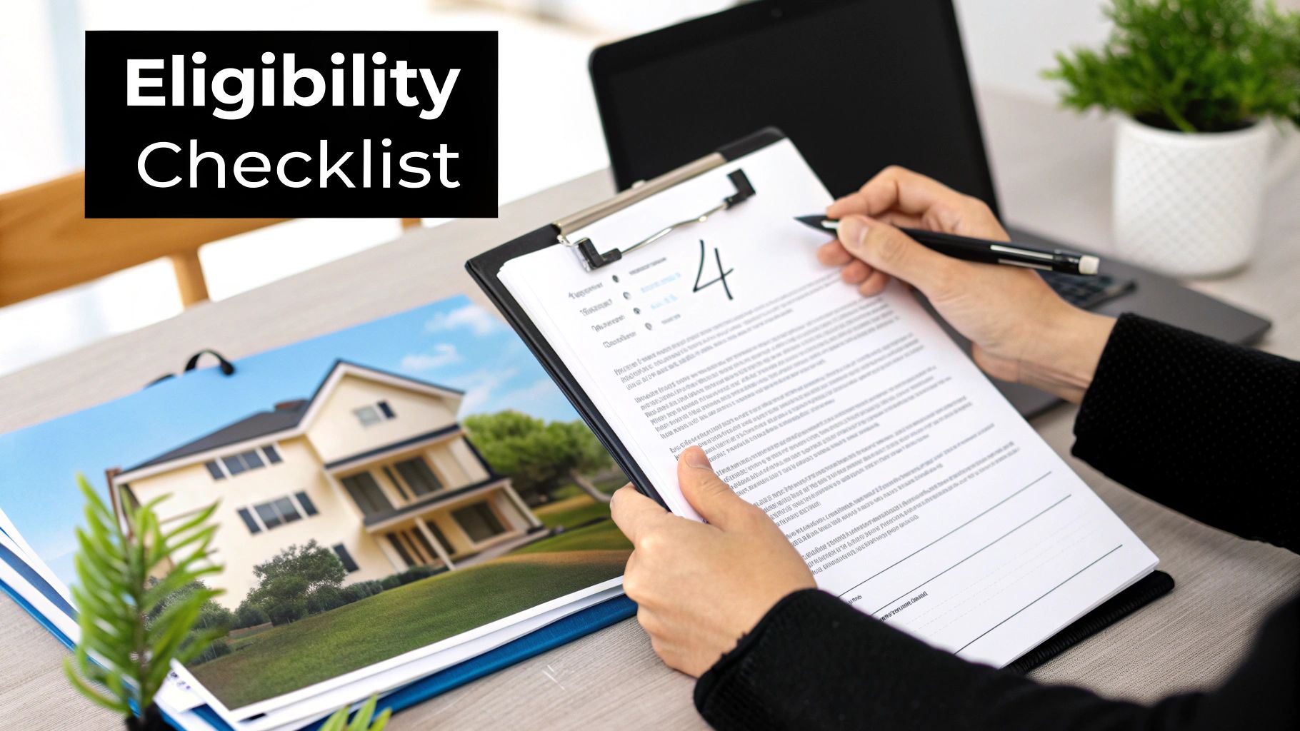 Person checking an eligibility checklist with a pen, with home loan documents and a house image on the table.