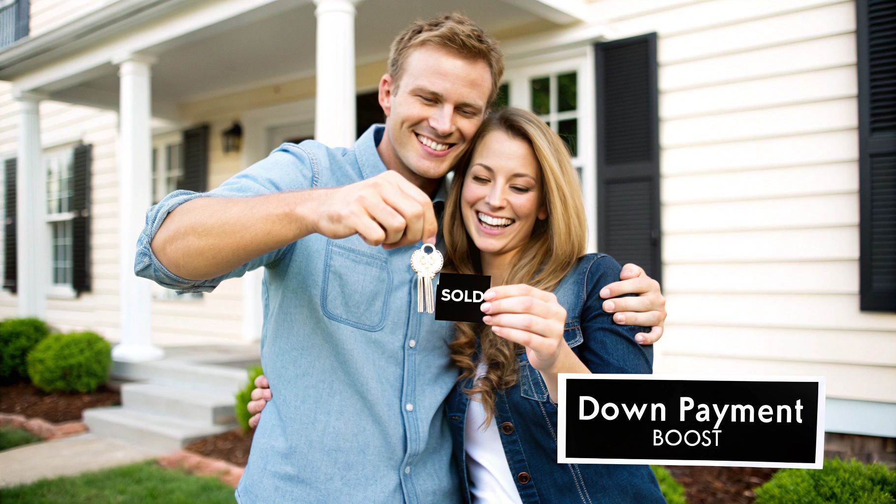A happy couple holding house keys and a 'SOLD' sign in front of their new home.