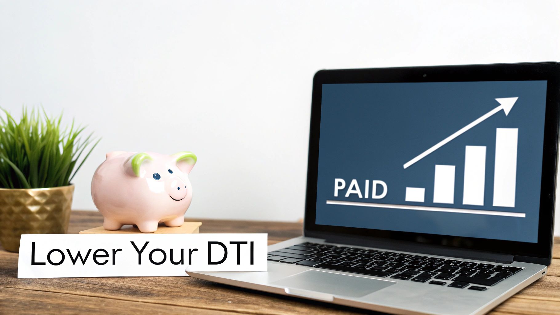 A laptop displays a 'PAID' graph, a piggy bank, and a sign 'Lower Your DTI' for financial management.
