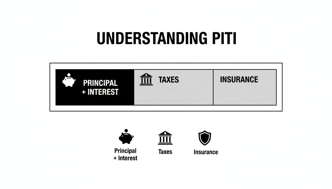 Infographic illustrating the PITI components of a mortgage payment: Principal, Interest, Taxes, and Insurance.