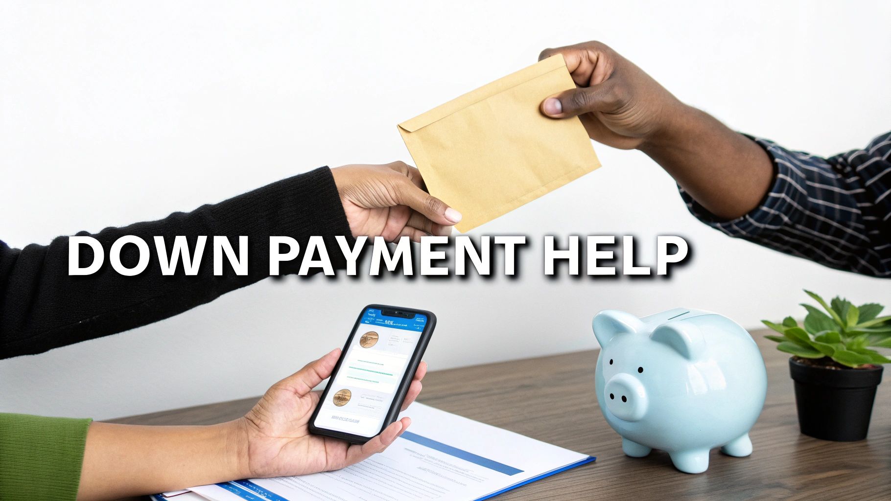 Hands exchanging an envelope, a person using a smartphone, a piggy bank, and 'DOWN PAYMENT HELP' text, symbolizing financial assistance.