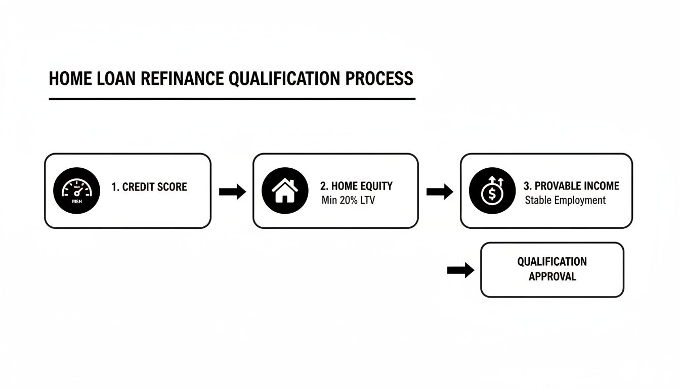 Home loan refinance qualification process flowchart showing requirements like credit score, home equity, and stable income.