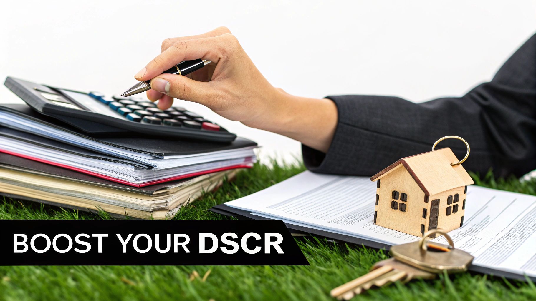 A person calculating real estate finances with a calculator, documents, house model, and keys, boosting DSCR.