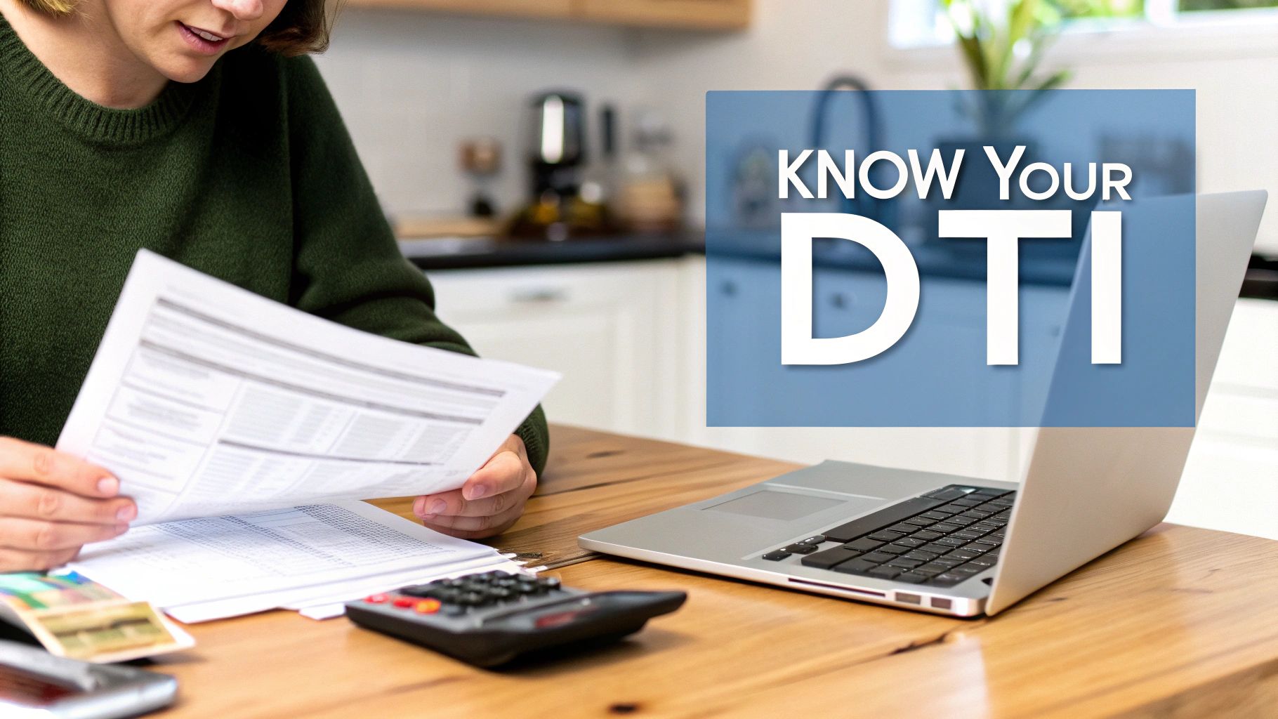 A person reviews financial documents with a calculator and laptop on a wooden desk, text 'KNOW YOUR DTI' is overlaid.