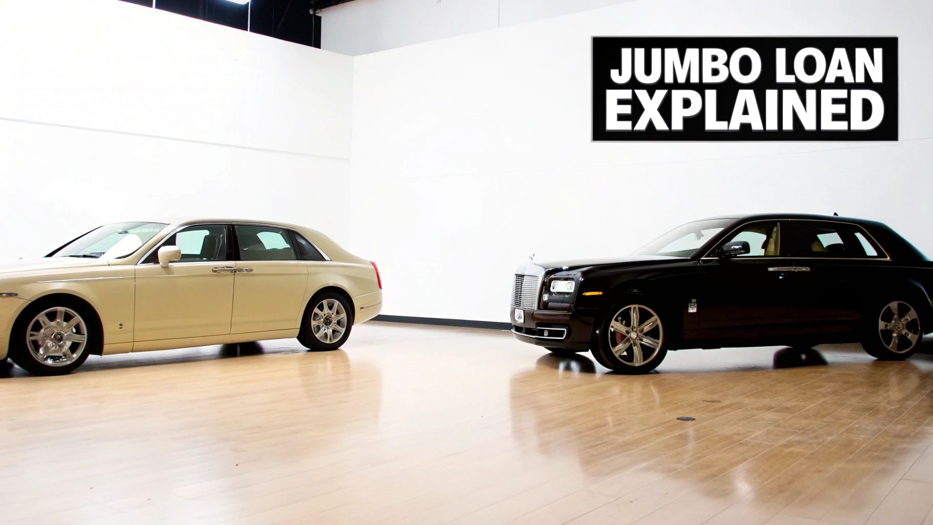 Two luxurious Rolls-Royce cars displayed in a bright showroom, with a 'Jumbo Loan Explained' sign.