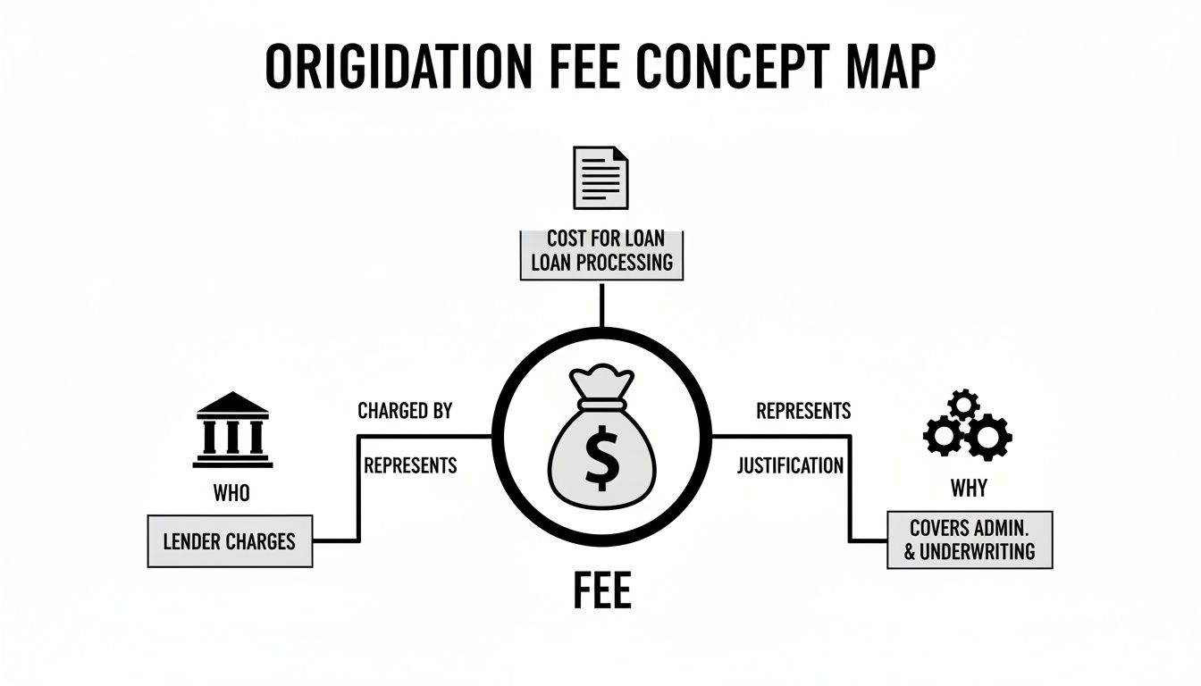Concept map illustrates origination fee, explaining it's charged by lenders for loan processing, covering admin and underwriting.