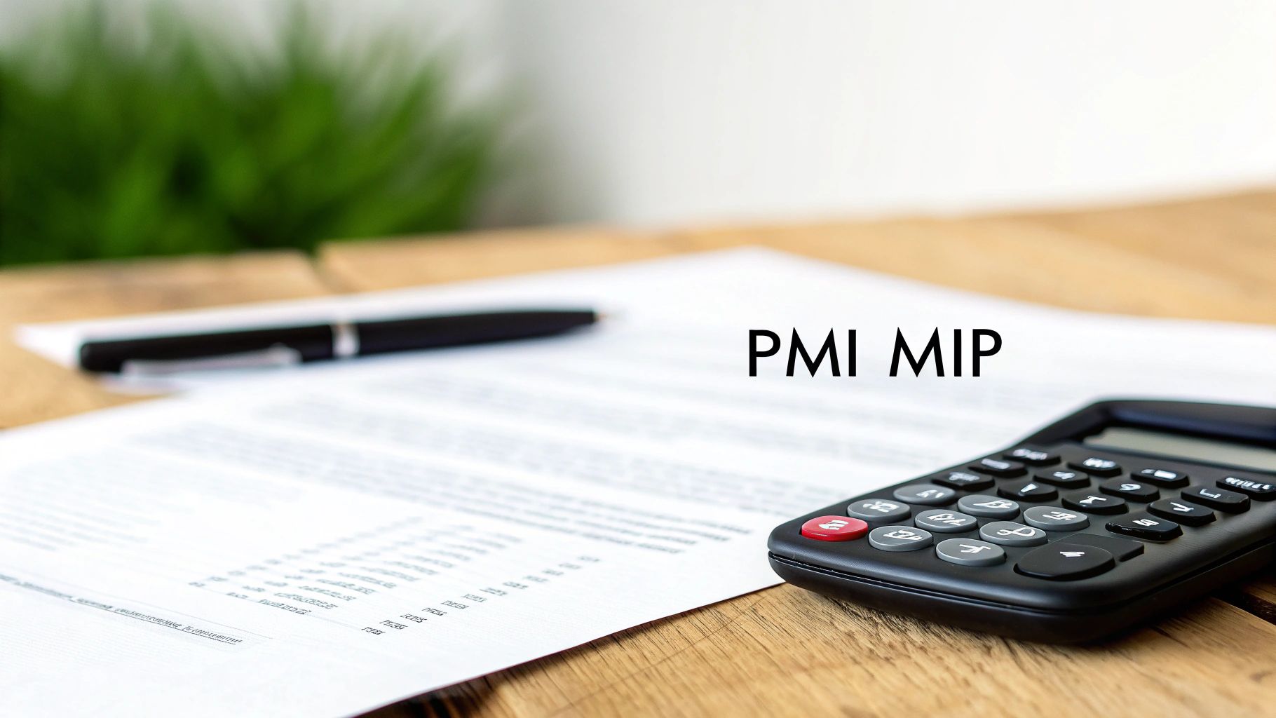 A calculator, pen, and document with 'PMI MIP' on a wooden desk, symbolizing financial calculations.