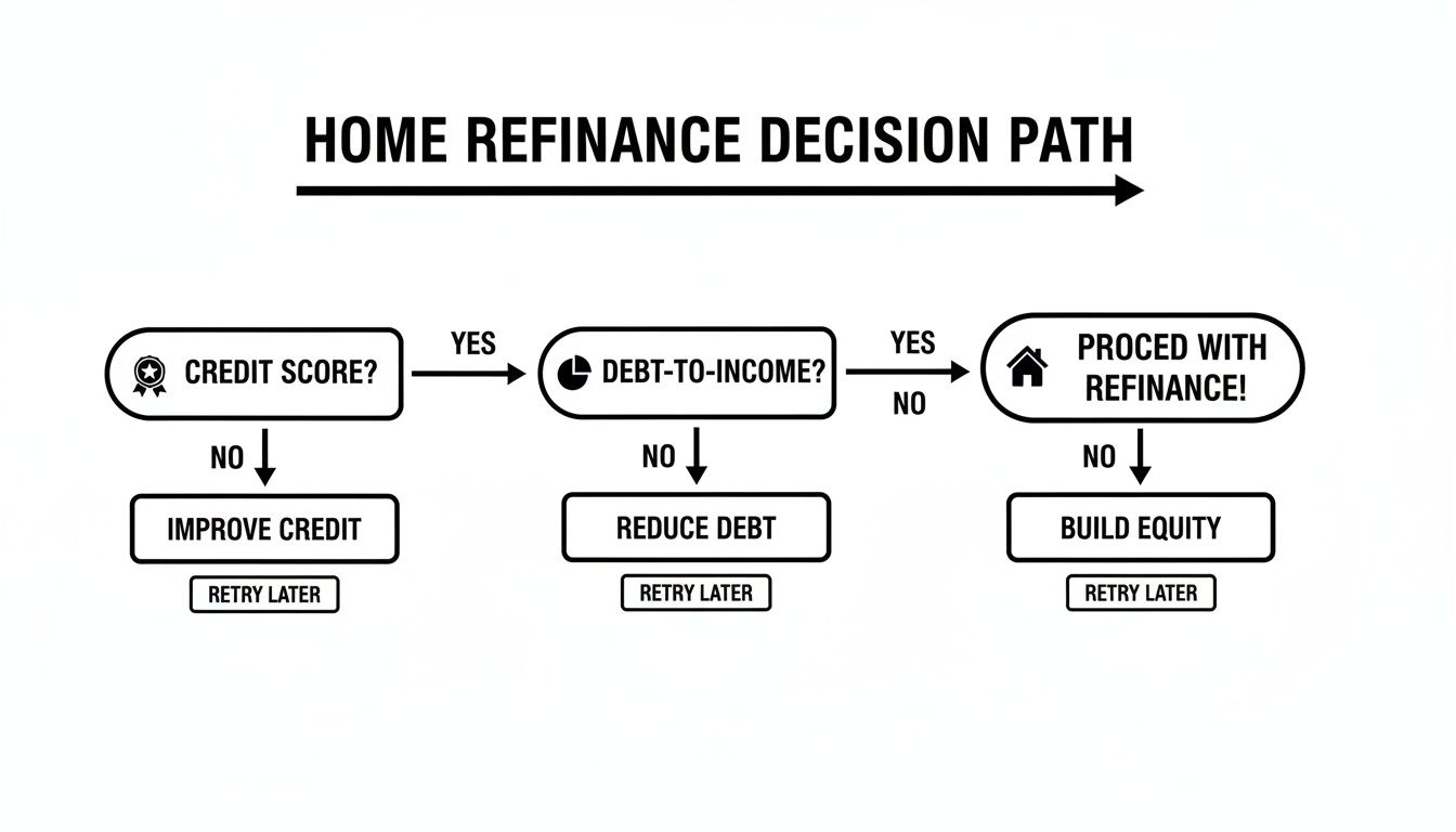 Flowchart showing the home refinance decision path based on credit score, debt-to-income, and equity.