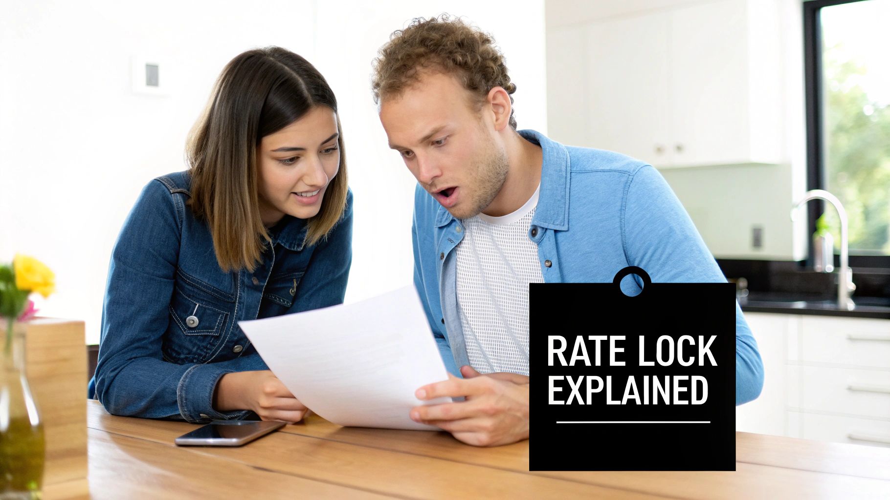 A young couple, looking surprised, reviews documents about 'RATE LOCK EXPLAINED' at a kitchen table.