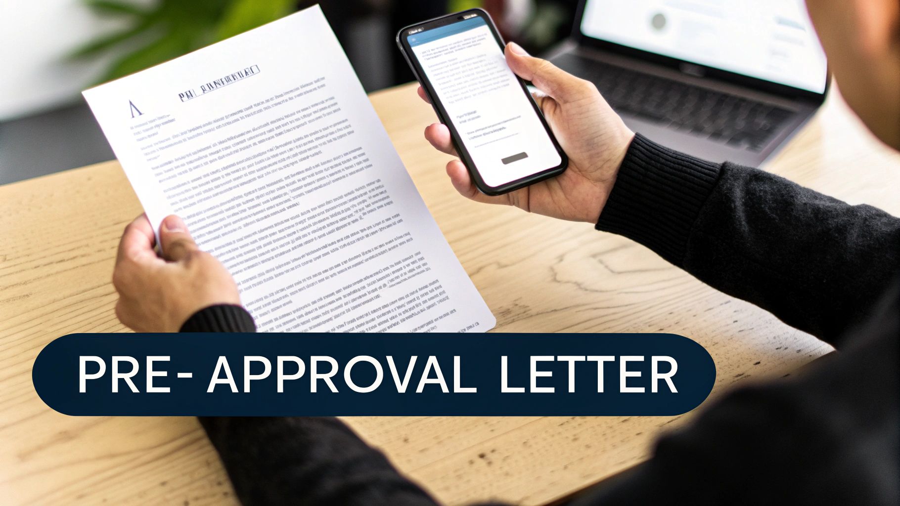 A person holds a 'PRE-APPROVAL LETTER' document while also viewing information on a smartphone.