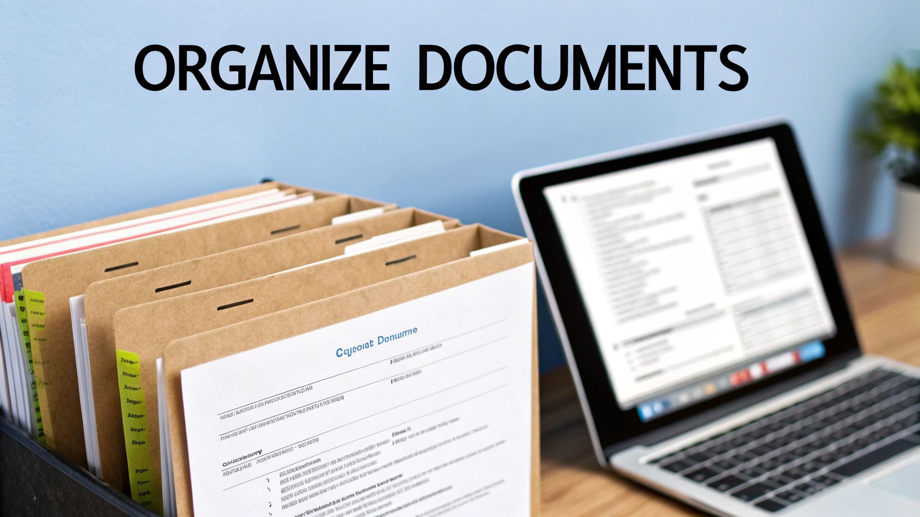 A file organizer filled with documents and a laptop on a desk, illustrating document organization.