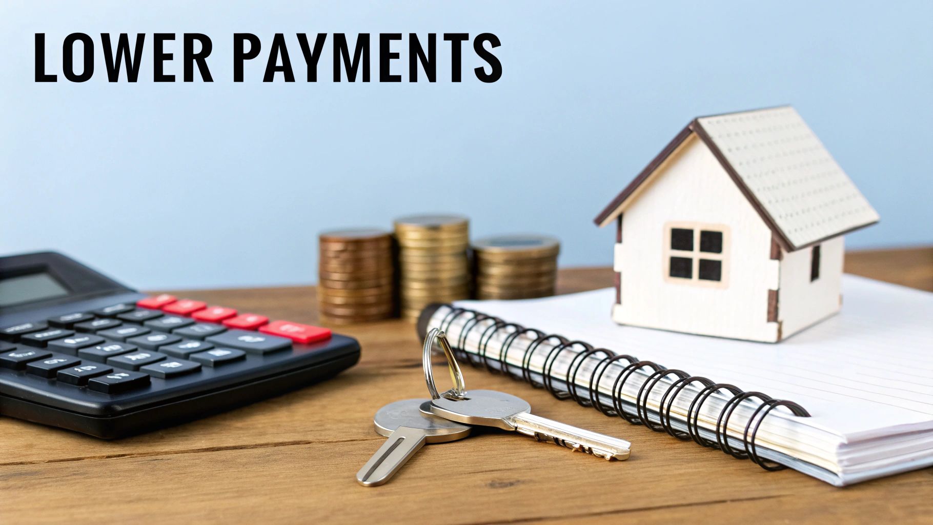 A calculator, coins, keys, house model, and notebook with 'LOWER PAYMENTS' text on a desk.