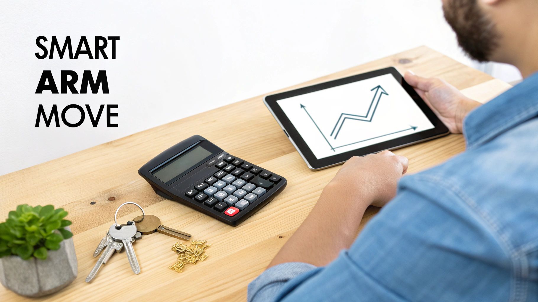 Person views a rising graph on a tablet, with a calculator, keys, and "SMART ARM MOVE" text.