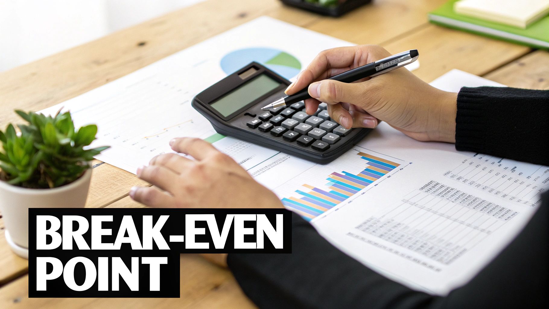 A person's hands use a calculator on a desk with financial charts and the text 'BREAK-EVEN POINT'.