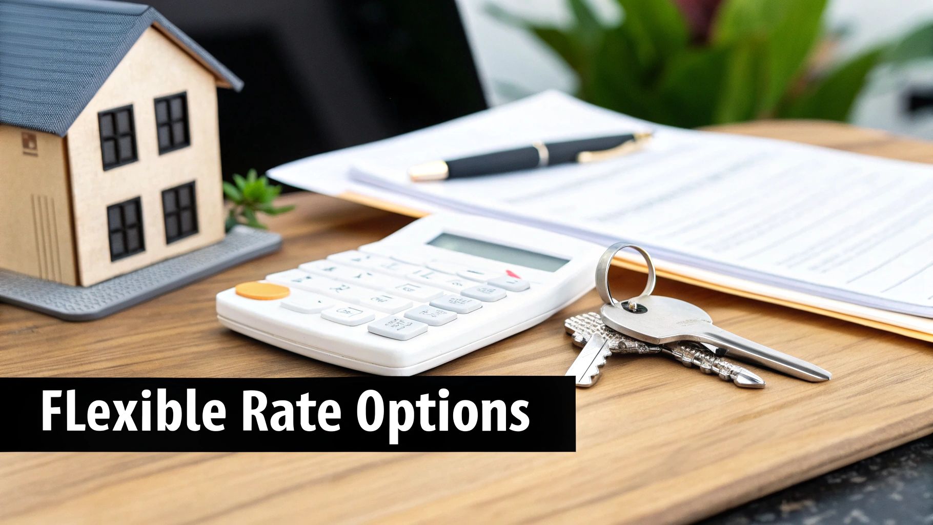 Miniature house, calculator, keys, and documents on a desk with 'Flexible Rate Options' text.