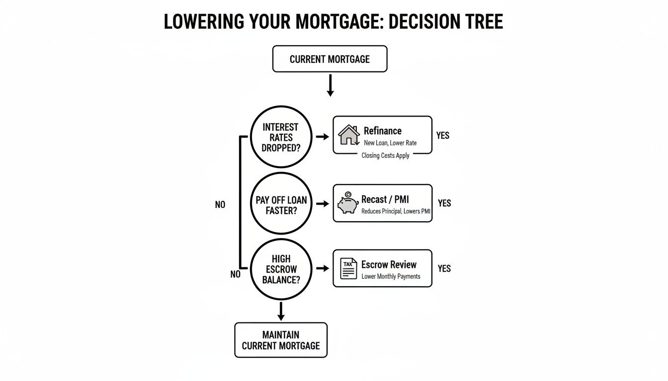 Decision tree for lowering your mortgage, exploring refinance, recast, or escrow review options.