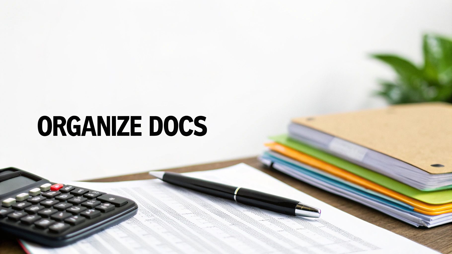A desk with a calculator, pen, and documents, along with a stack of folders. Text reads 'ORGANIZE DOCS'.