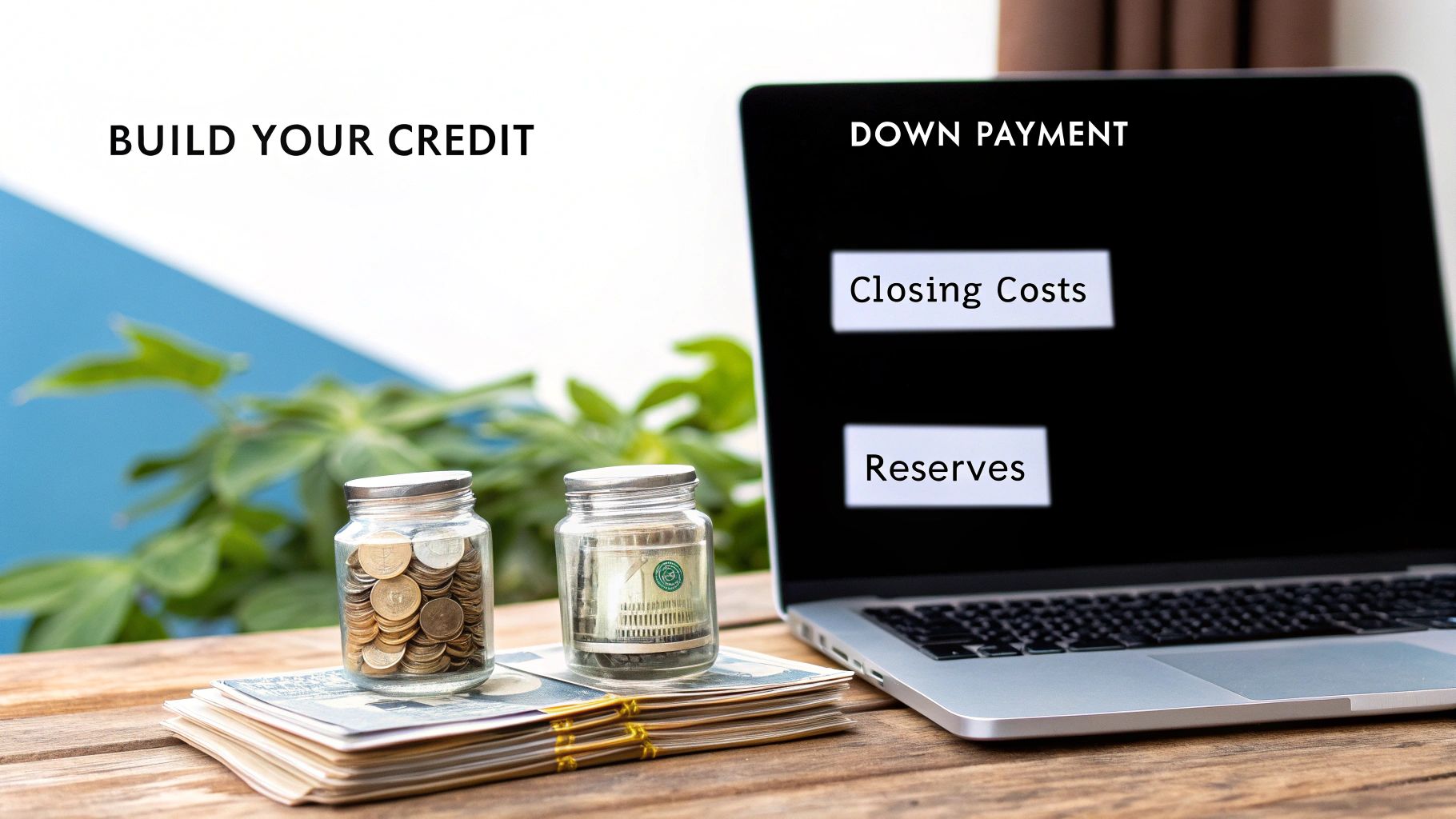 Financial planning image with money jars and a laptop screen listing "Down Payment" and "Closing Costs."