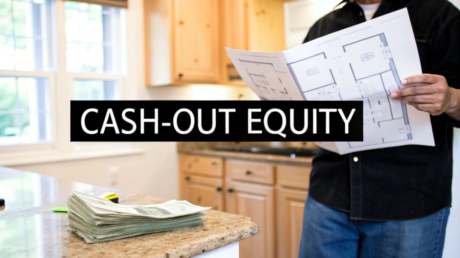 A person reviewing a home floor plan in a kitchen with a stack of cash on the counter, depicting cash-out equity.