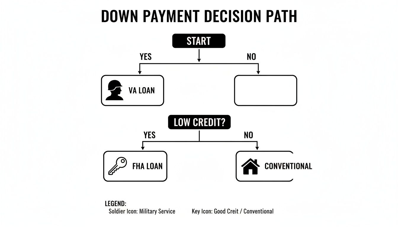 Flowchart showing down payment decision path for VA, FHA, and Conventional loans based on military service and credit.