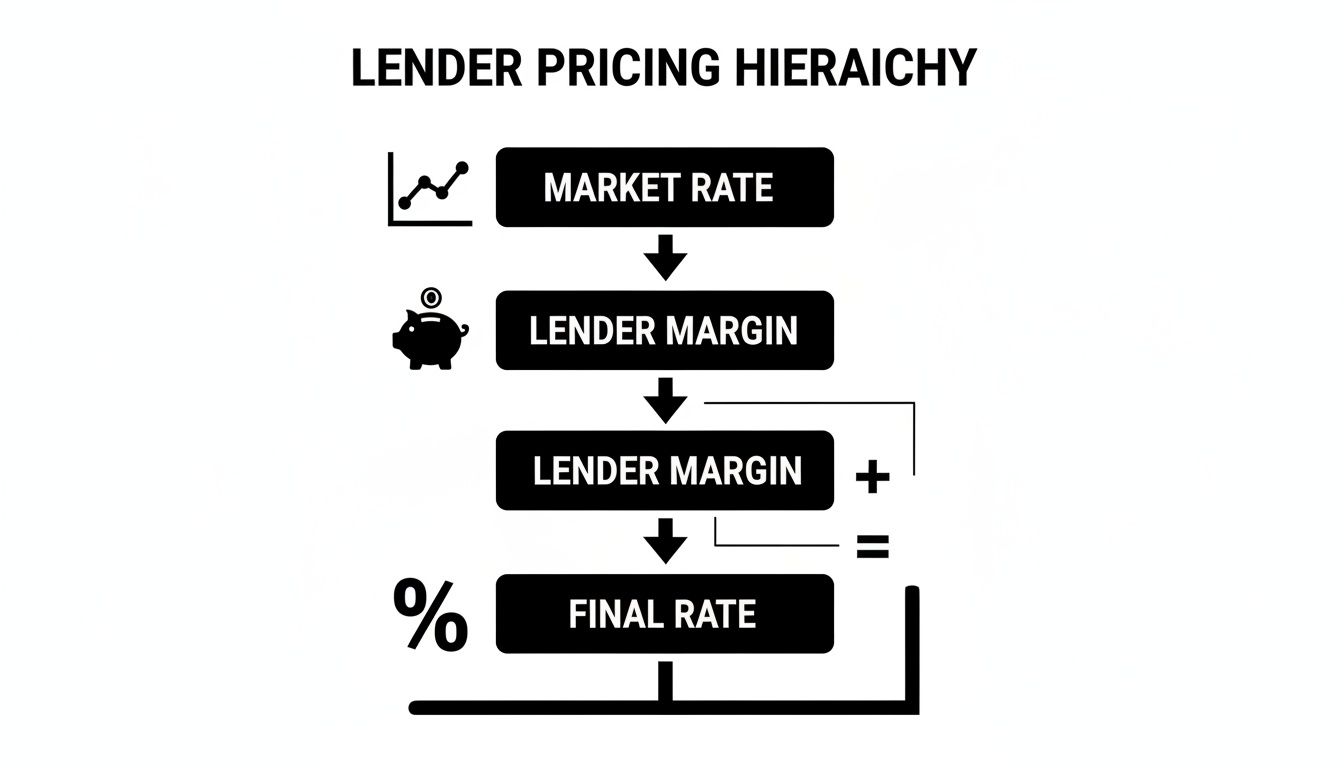 Flowchart illustrating the lender pricing hierarchy: Market Rate plus Lender Margin equals Final Rate.