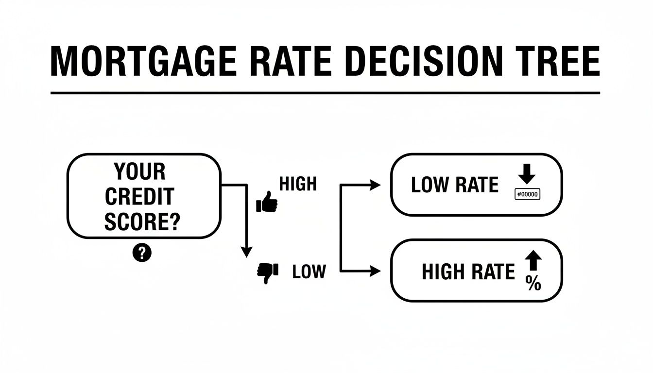 A decision tree flowchart illustrating how your credit score determines your mortgage rate.
