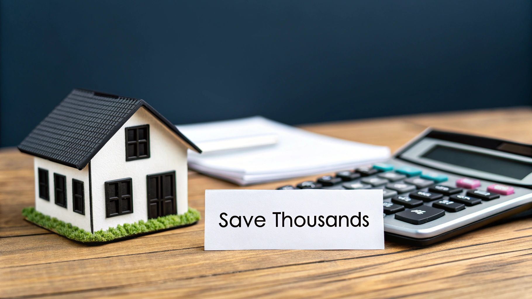 Miniature white house, calculator, and 'Save Thousands' card on a wooden desk, symbolizing home savings.