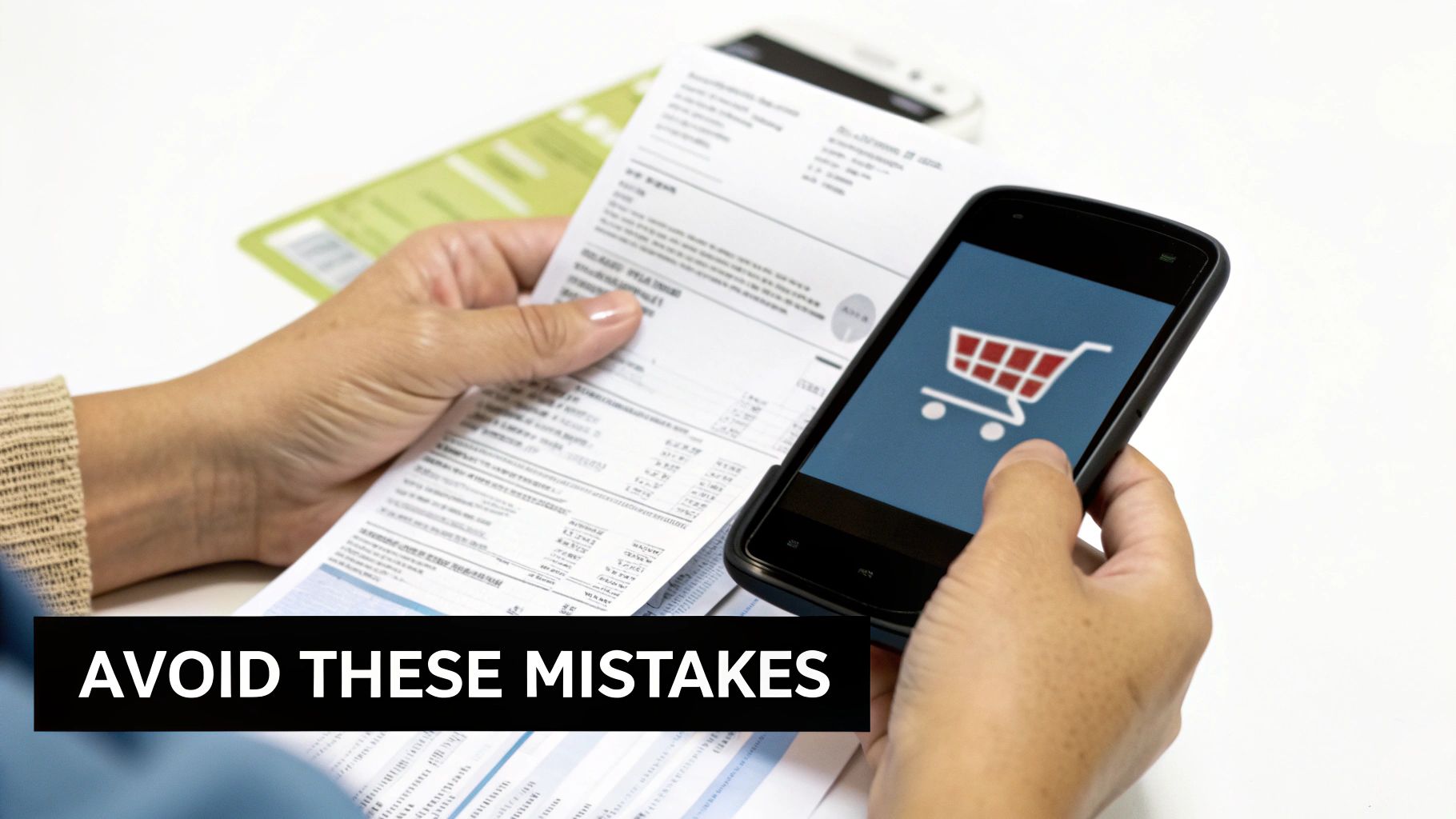 Hands hold a financial bill and a smartphone displaying an online shopping cart icon.