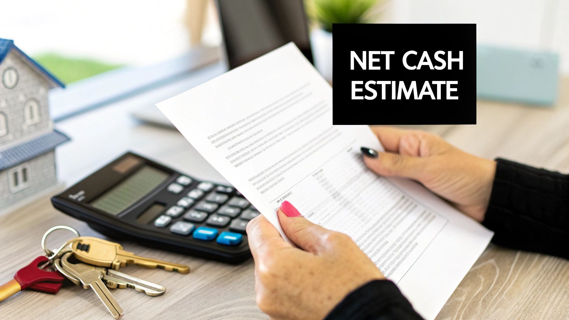 A person holds a 'Net Cash Estimate' document, with a miniature house, calculator, and keys on a table.