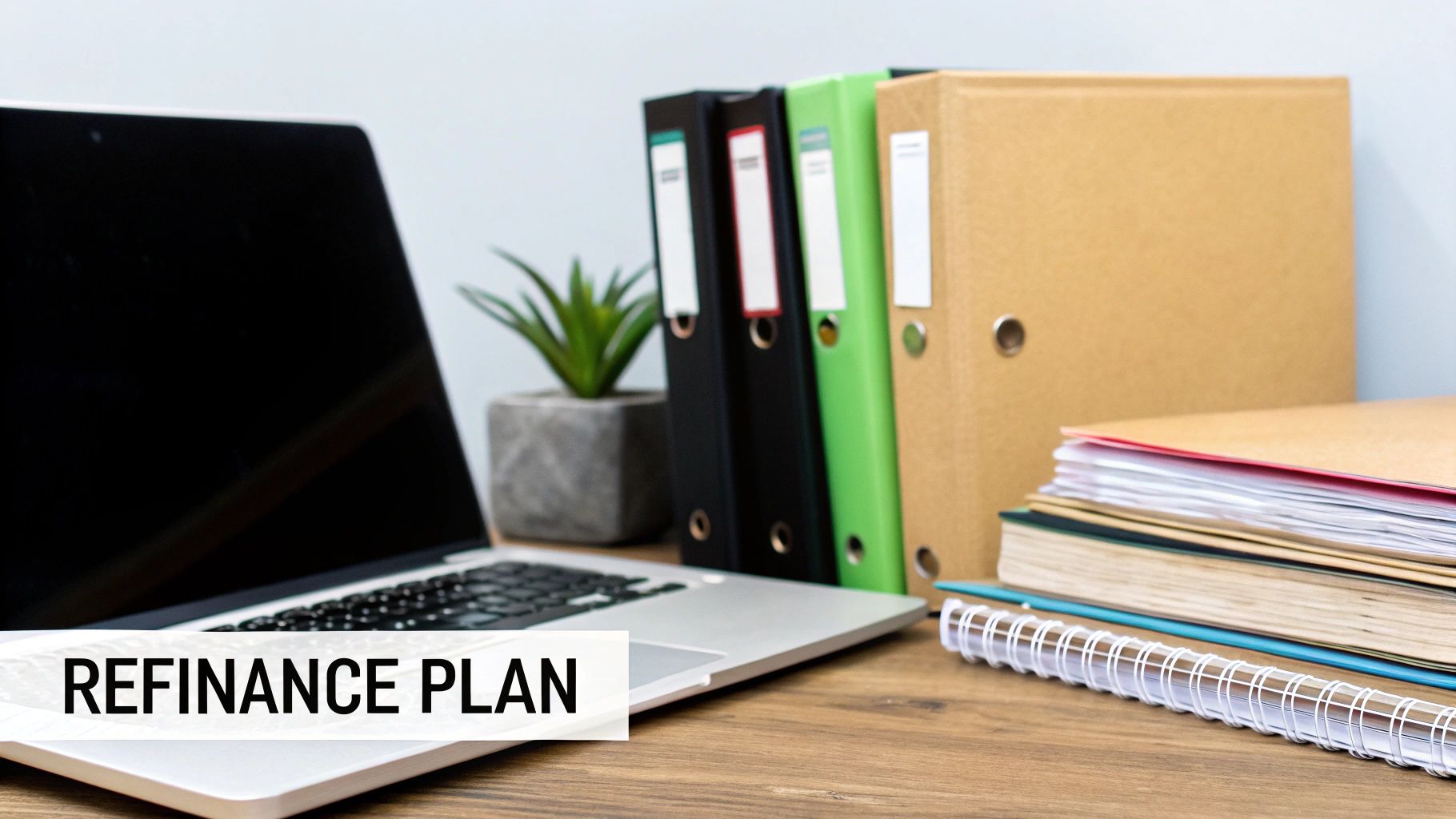 A desk with a laptop displaying 'REFINANCE PLAN', binders, and documents for financial planning.