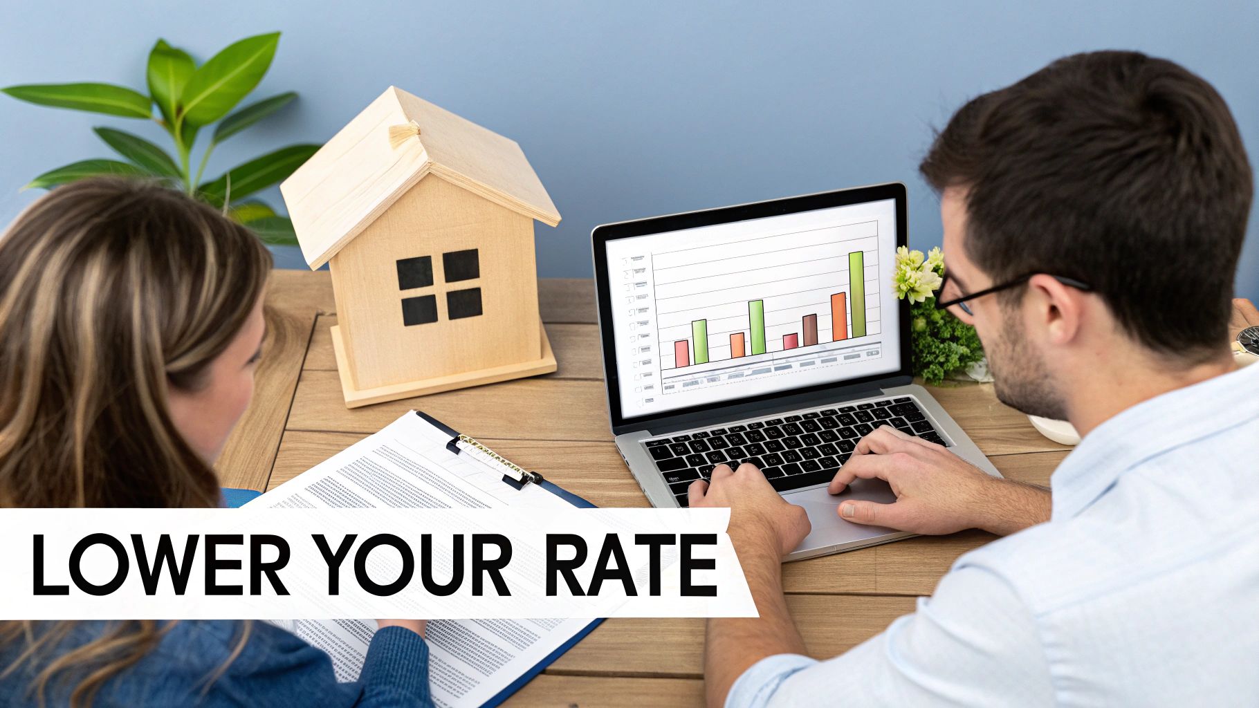 Two people reviewing financial documents and a laptop showing a graph, with a wooden house model and 'LOWER YOUR RATE' text.
