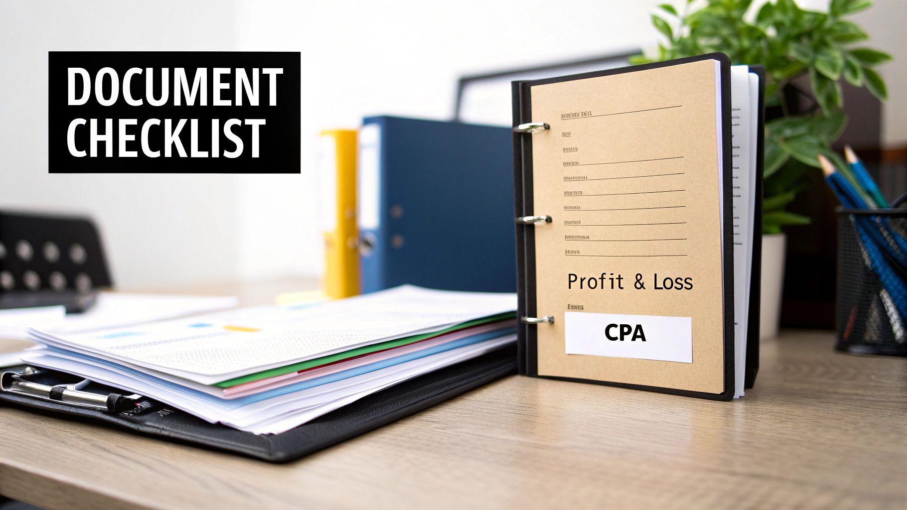 A desk with a prominent 'DOCUMENT CHECKLIST' sign next to 'Profit & Loss' and CPA records.