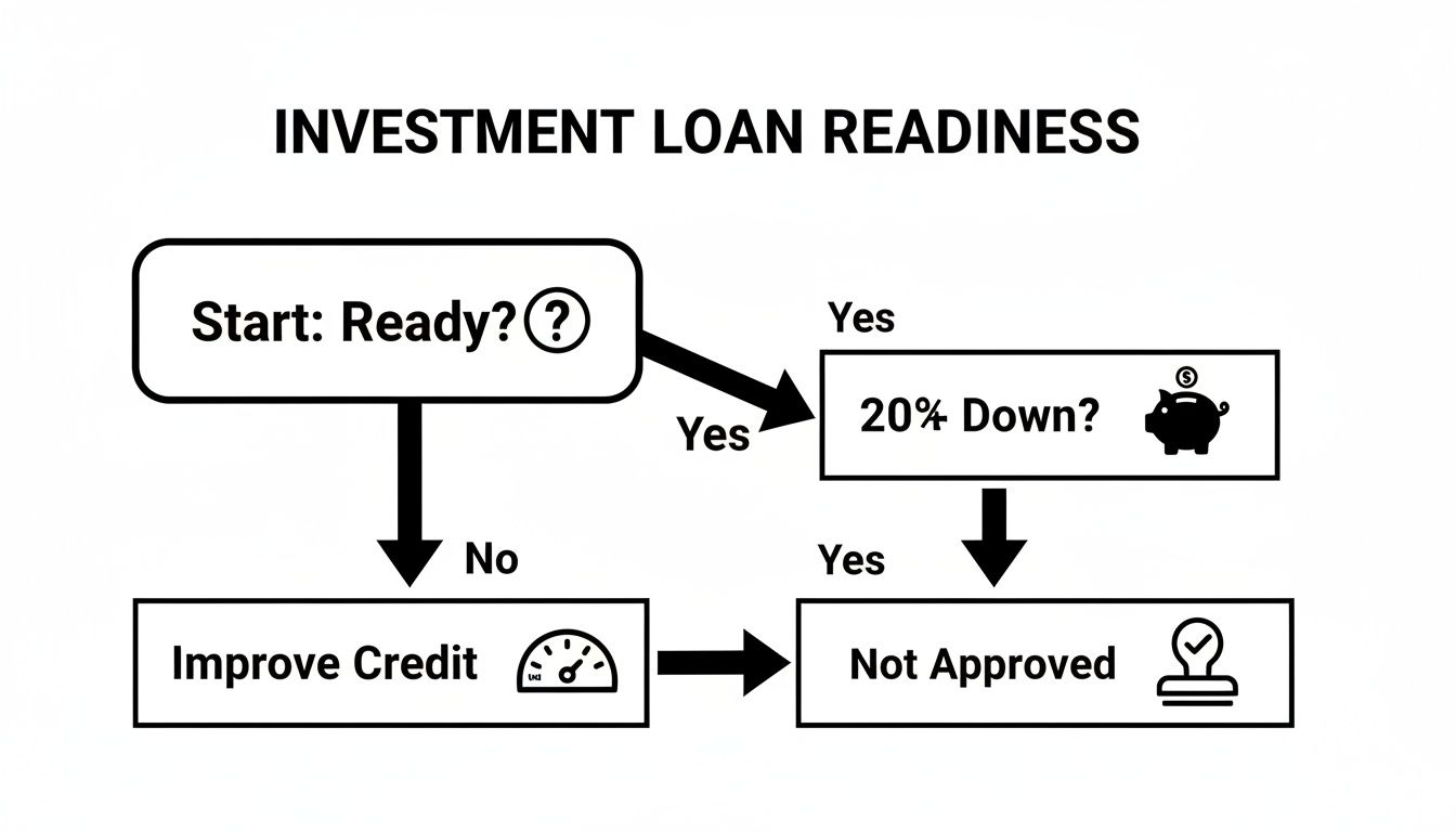 A flowchart outlining the steps to determine readiness for an investment loan, including credit and down payment.